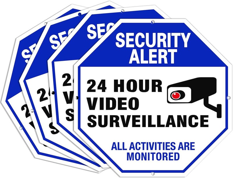 multiwins Video Surveillance Sign, 4-Pack 10"x10" Security Camera Sign, Reflective and Waterproof Material 24 Hour Surveillance Signs For Home/Business - Image 1